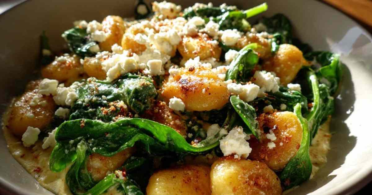 Portion Spinat-Gnocchi mit Feta auf weißem Teller serviert