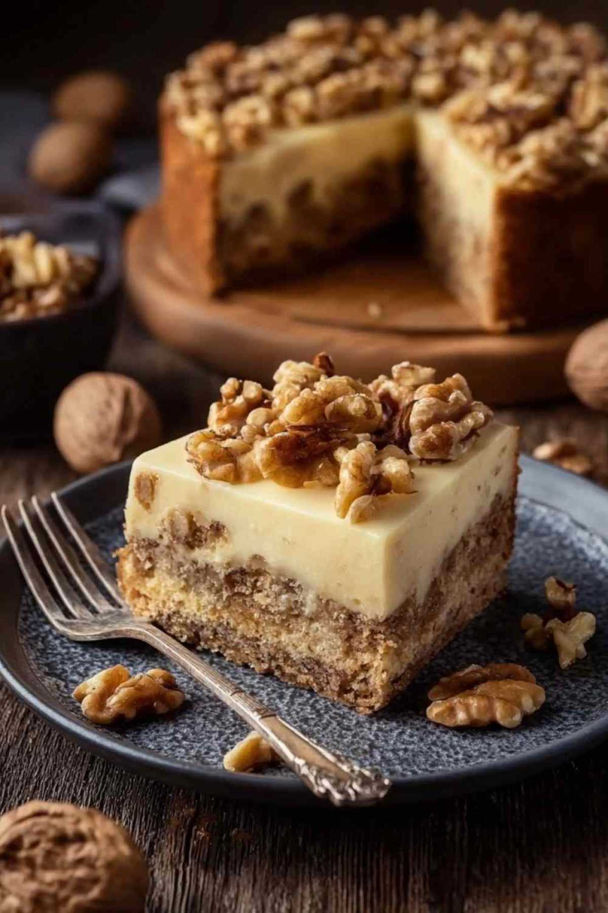Friss-dich-dumm-Kuchen mit Walnüssen geschnitten zeigt drei Schichten Mürbeteig Pudding und Walnüsse