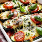 Gefüllte Zucchini mit Tomaten und Mozzarella auf Backblech bereit zum Backen