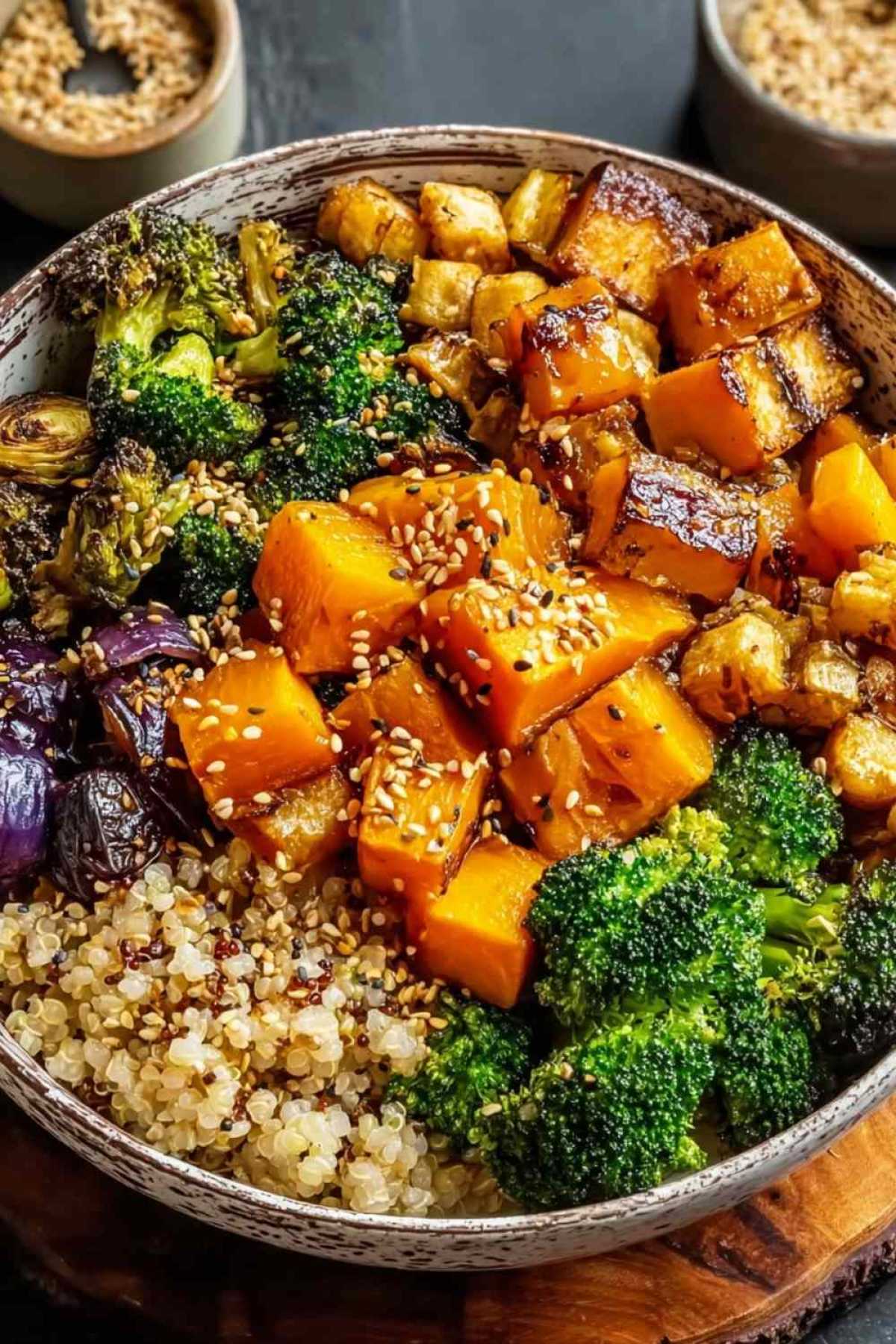 Geröstete Gemüse Buddha Bowl mit Quinoa, knusprigen Kichererbsen und Tahini-Dressing in einer weißen Schale