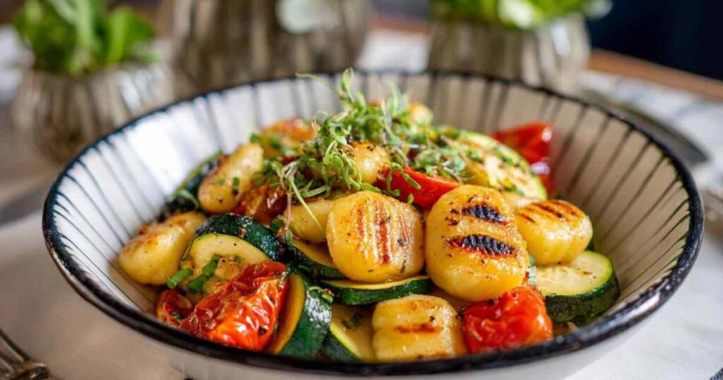 Caprese Pasta Salat mit Kirschtomaten, Mozzarella und Basilikum in weißer Schüssel