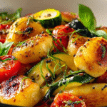 Caprese Pasta Salat mit Kirschtomaten, Mozzarella und Basilikum in weißer Schüssel