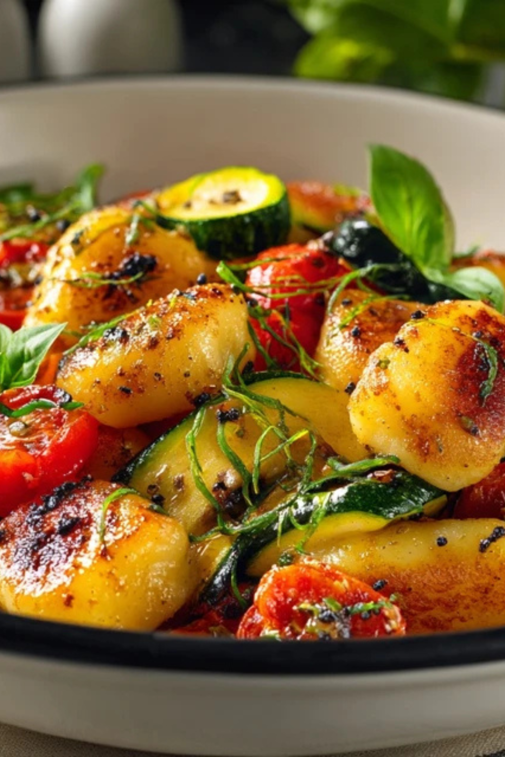 Caprese Pasta Salat mit Kirschtomaten, Mozzarella und Basilikum in weißer Schüssel