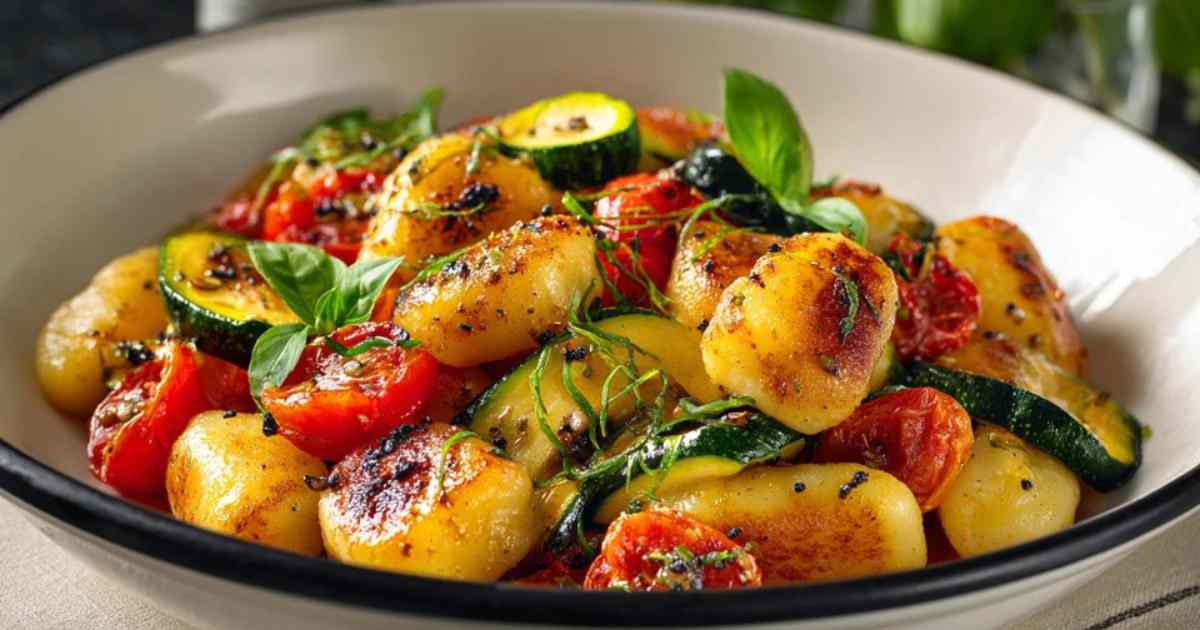 Caprese Pasta Salat mit Kirschtomaten, Mozzarella und Basilikum in weißer Schüssel