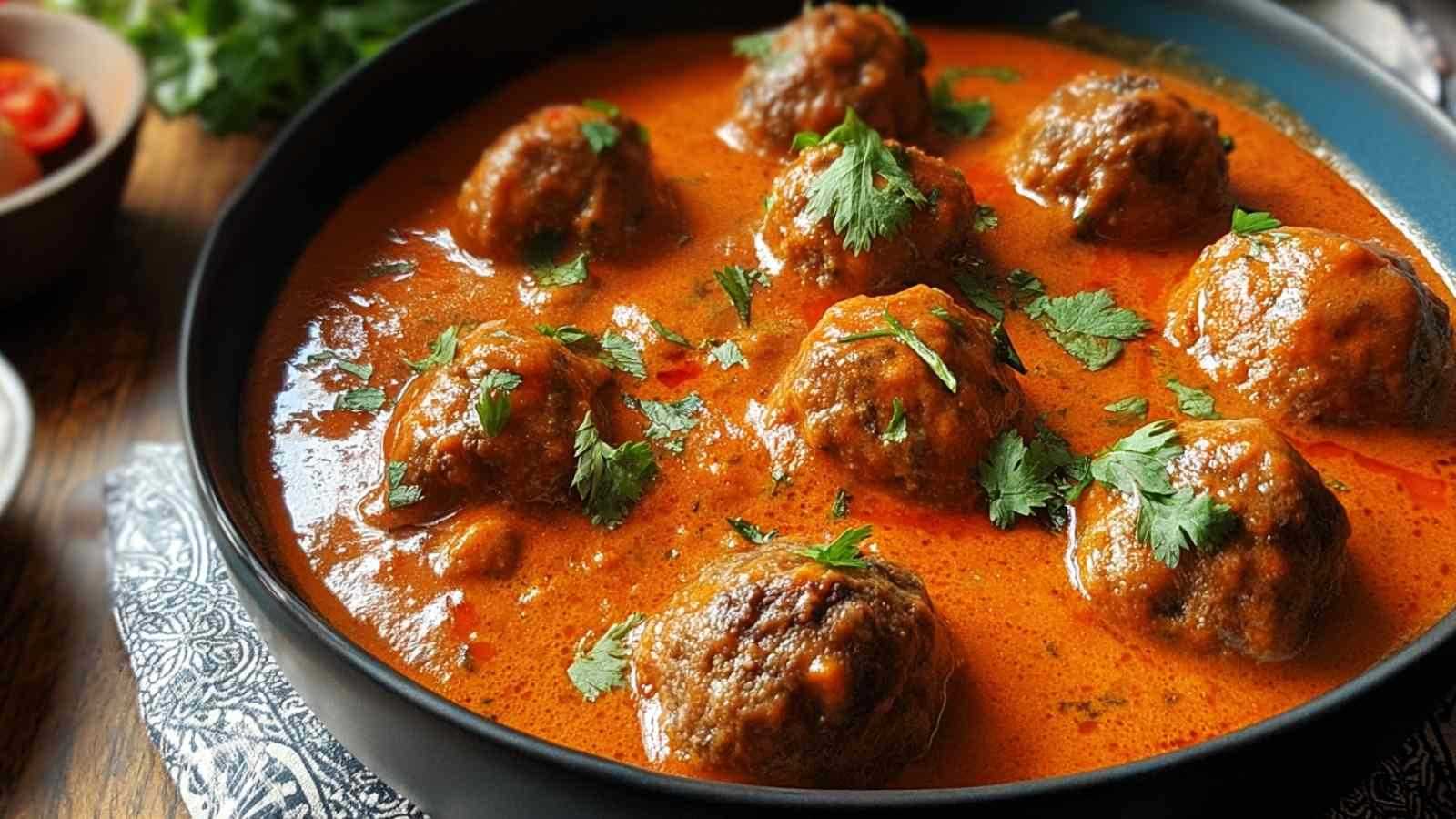 Hackbällchen in cremiger Paprikasoße in einer schwarzen Pfanne mit frischer Petersilie garniert