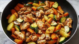 Hähnchenpfanne mit Gemüse Low Carb zeigt buntes Gemüse und zartes Hähnchenfleisch in schwarzer Pfanne