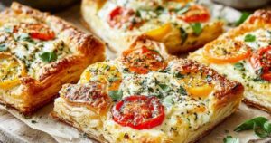 Frische herzhafte Blätterteig-Häppchen auf Backblech