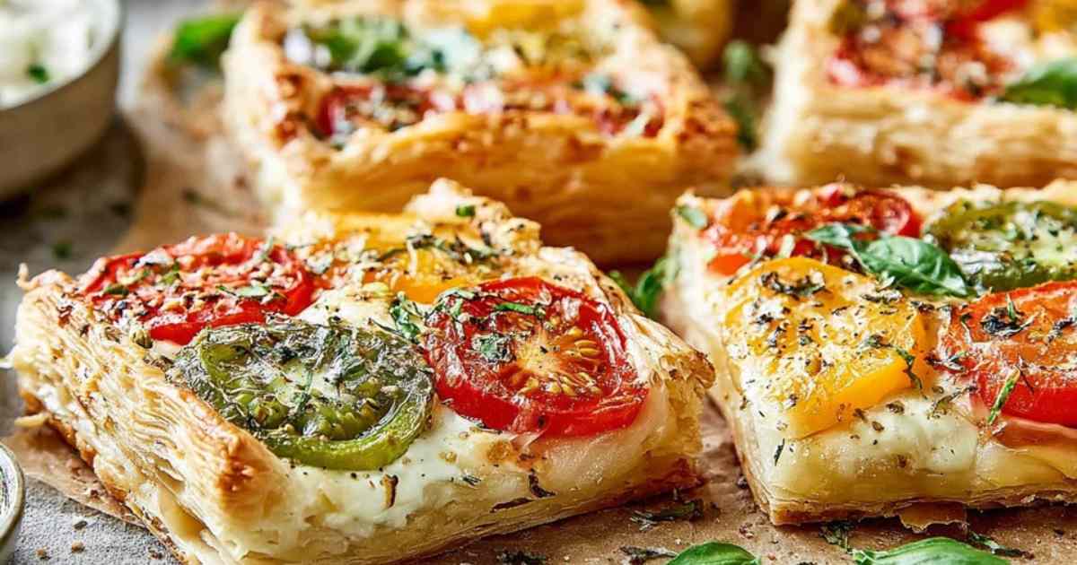 Frische herzhafte Blätterteig-Häppchen auf Backblech