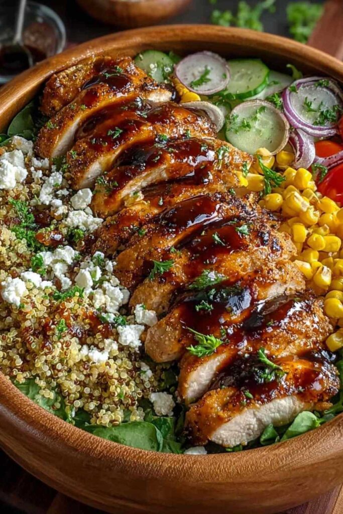 Honig-Senf-Hähnchen-Quinoa-Power-Bowl mit mariniertem Hähnchen, Quinoa und buntem Gemüse