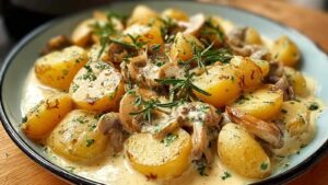 Kartoffeln mit Knoblauch-Sahnesauce in schwarzer Pfanne mit cremiger weißer Sauce