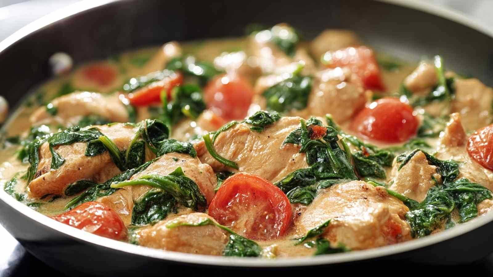 Keto Hähnchen-Spinat-Tomaten-Pfanne mit cremiger Sahnesauce in schwarzer Pfanne serviert