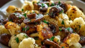 Knoblauch-Blumenkohl-Pilz-Pfanne mit goldbraunem Gemüse und frischen Kräutern in schwarzer Pfanne