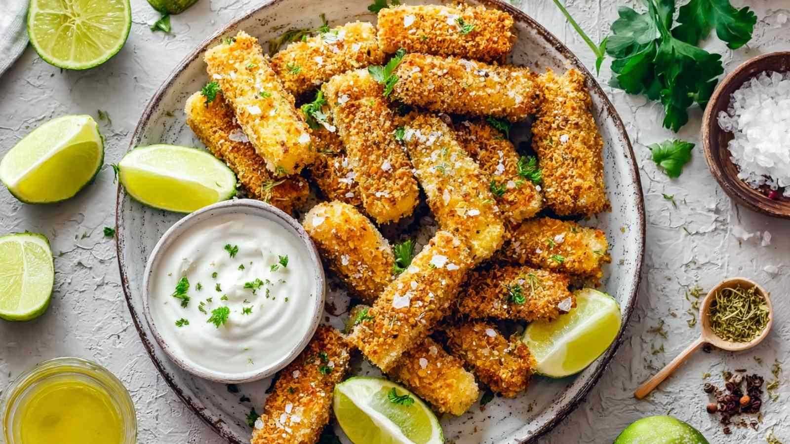 Knusprige Low Carb Zucchini Pommes serviert mit cremigem Kräuterdip auf weißem Teller