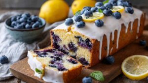 Leichter Joghurtkuchen mit Blaubeeren auf weißem Teller mit Zitronenglasur