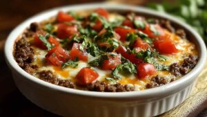 Low Carb Cheeseburger-Auflauf goldbraun gebacken in weißer Auflaufform mit geschmolzenem Käse