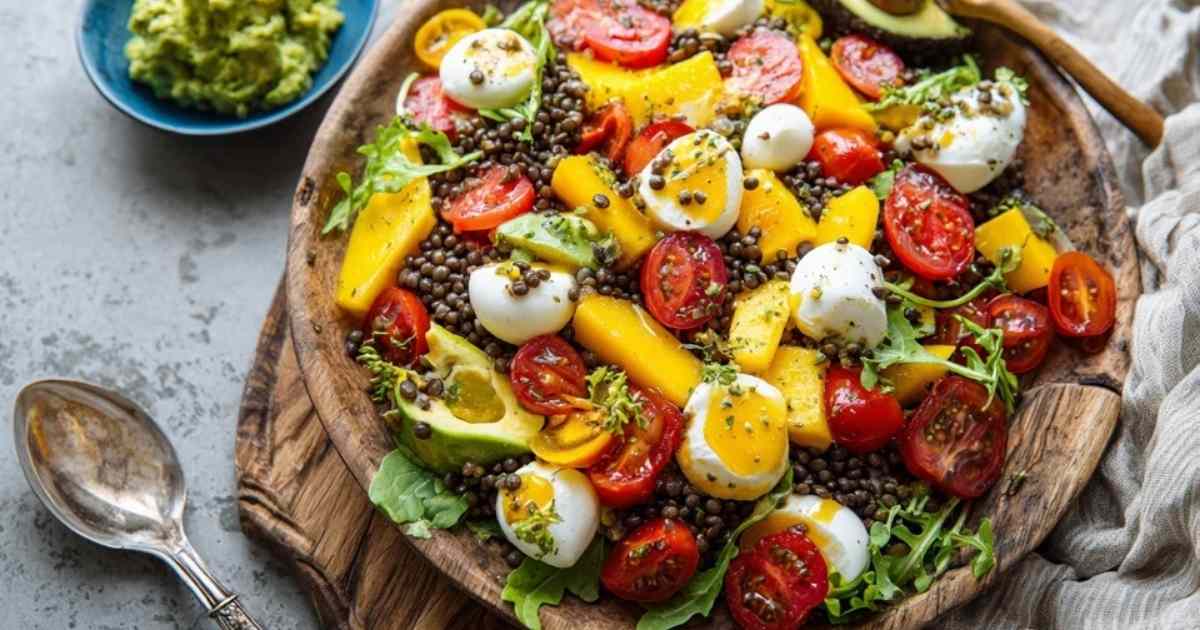 Linsensalat mit veganem Feta in weißer Schüssel mit buntem Gemüse und Kräutern