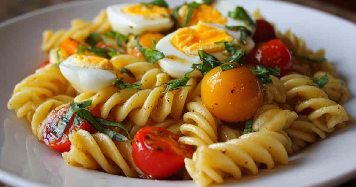 Caprese Pasta Salat mit Kirschtomaten, Mozzarella und Basilikum in weißer Schüssel