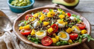 Linsensalat mit veganem Feta in weißer Schüssel mit buntem Gemüse und Kräutern