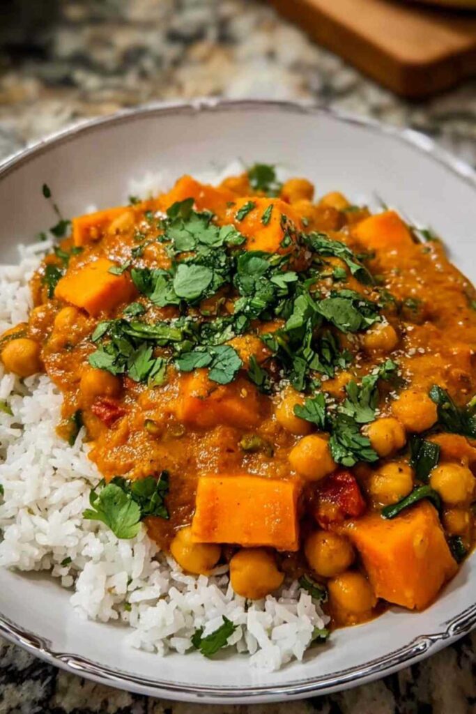 Süßkartoffel-Kichererbsen-Curry in einem Topf mit cremiger Kokosmilch und Gewürzen
