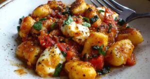 Alle Zutaten für Gnocchi-Pfanne arrangiert auf Holzbrett