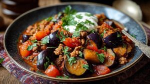 Türkische Auberginen-Hackfleisch-Pfanne mit goldbraunen Auberginen und würzigem Hackfleisch in schwarzer Pfanne