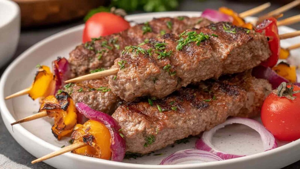 Fertige Türkische Hackfleisch-Spieße serviert mit Fladenbrot und Joghurt-Dip