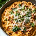 Vegane cremige getrocknete Tomaten Pasta in schwarzer Pfanne mit frischen Kräutern