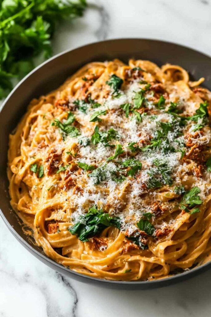 Vegane cremige getrocknete Tomaten Pasta in schwarzer Pfanne mit frischen Kräutern
