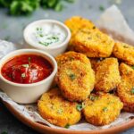 Vegane Kichererbsen Nuggets goldbraun und knusprig auf weißem Teller serviert