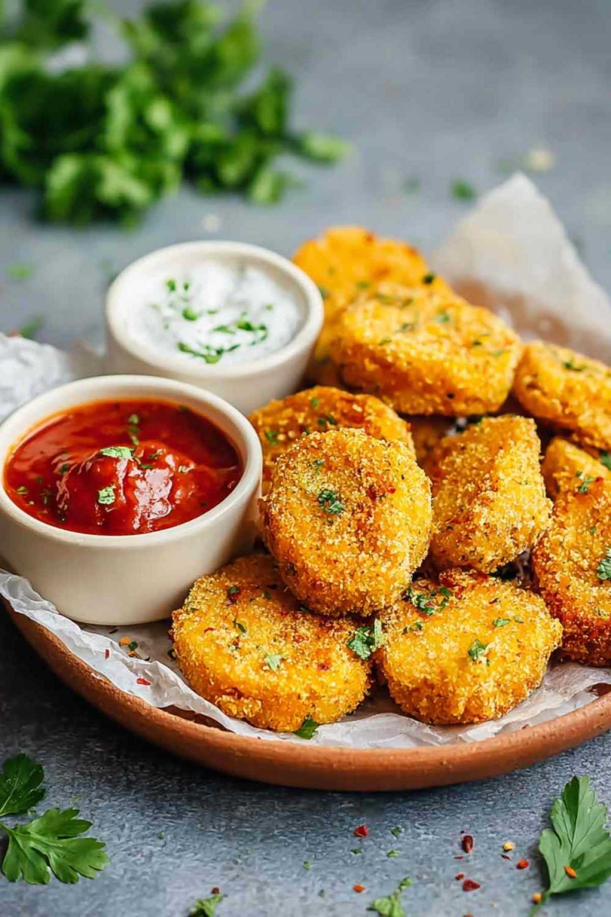 Vegane Kichererbsen Nuggets goldbraun und knusprig auf weißem Teller serviert