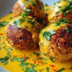 Vegane Linsenknödel in goldgelber Curry-Sauce auf weißem Teller serviert
