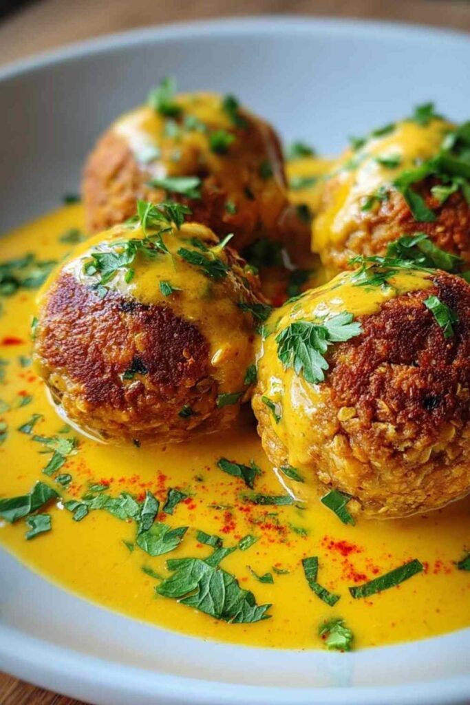 Vegane Linsenknödel in goldgelber Curry-Sauce auf weißem Teller serviert