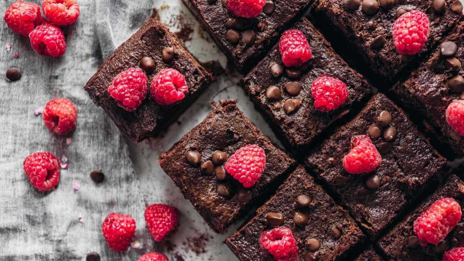 Frisch gebackene vegane Himbeer-Brownies auf Kühlgitter mit sichtbaren Himbeeren