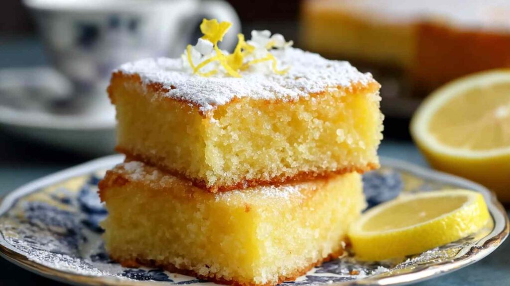 Saftiger Zitronenkuchen vom Blech mit Puderzucker auf rustikalem Holztisch
