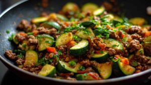 Zucchini Hackfleisch Pfanne mit goldbraunem Hackfleisch und zarten Zucchiniwürfeln in aromatischer Soße