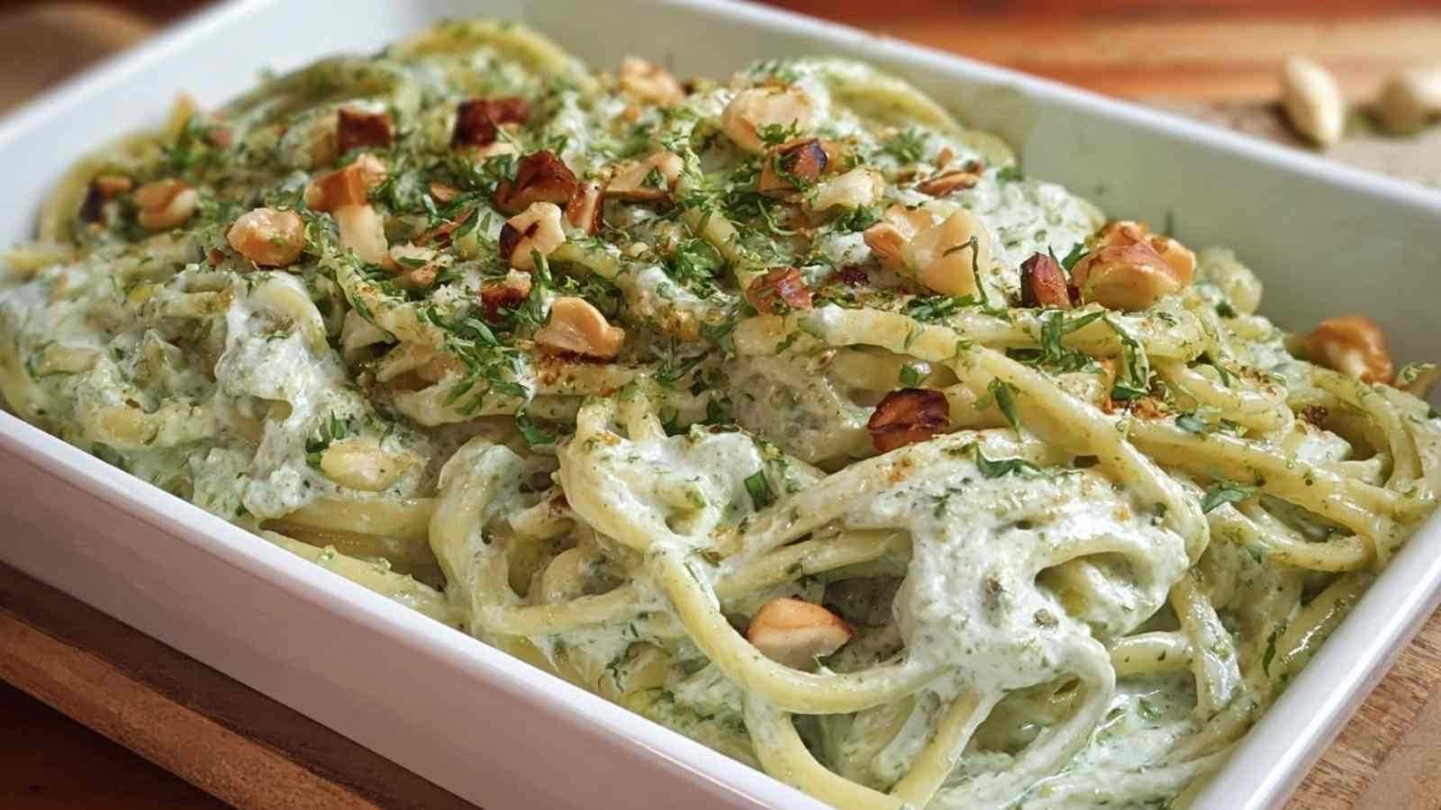 Cremiges Zucchini Pesto mit Spaghetti garniert mit Parmesan und frischer Petersilie