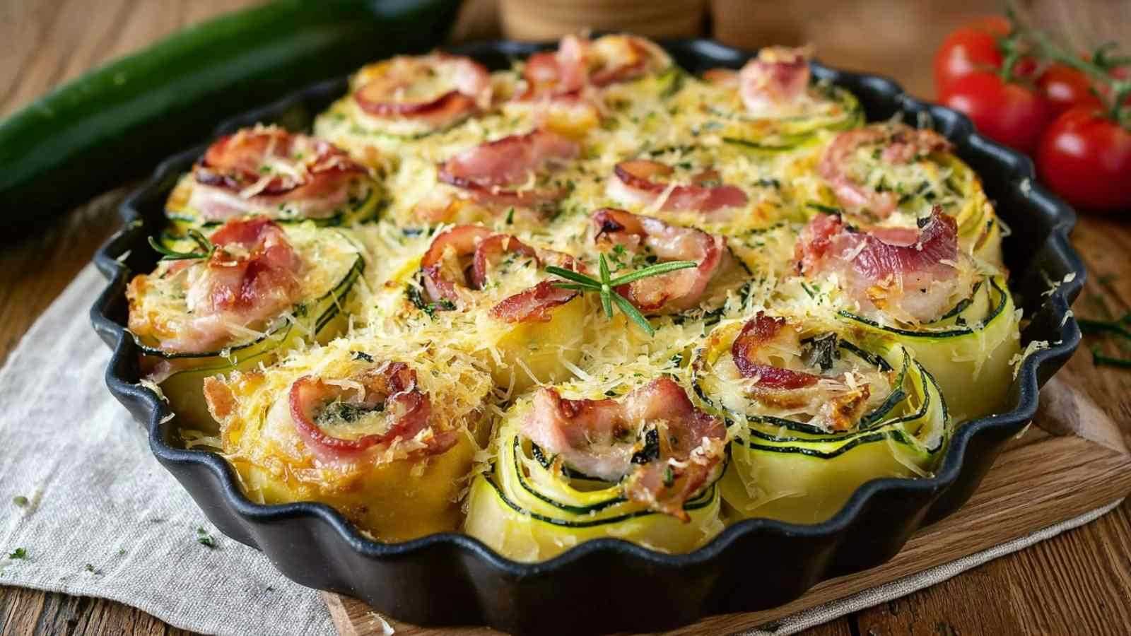 Goldbraune Zucchini-Schinken-Röllchen mit Parmesan-Kruste in weißer Auflaufform
