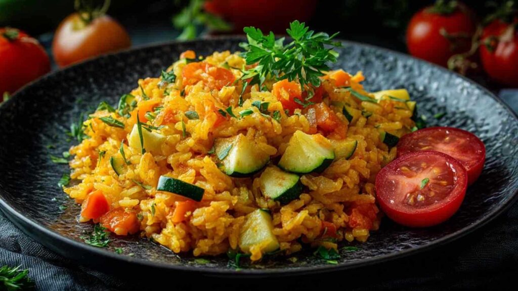 Zucchini-Tomaten-Reis mit frischen Kräutern in einer großen Pfanne servierfertig