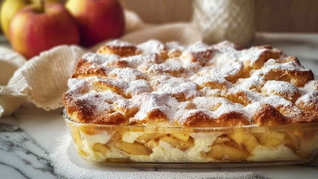 Apfelkuchen mit Vanillepudding frisch aus dem Ofen mit goldbrauner Oberfläche