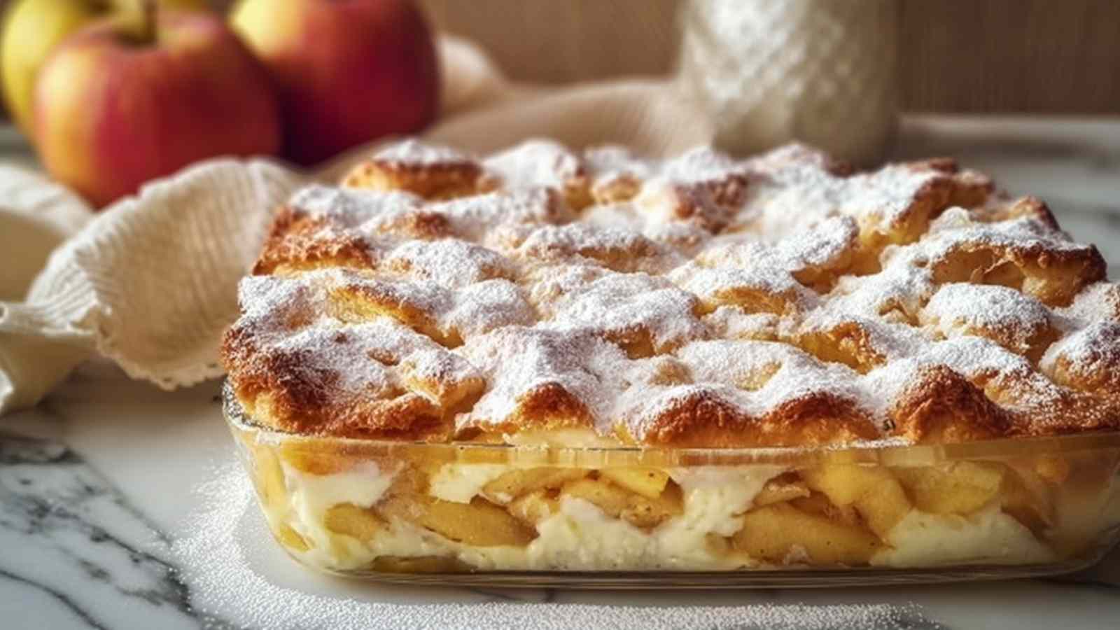 Apfelkuchen mit Vanillepudding frisch aus dem Ofen mit goldbrauner Oberfläche