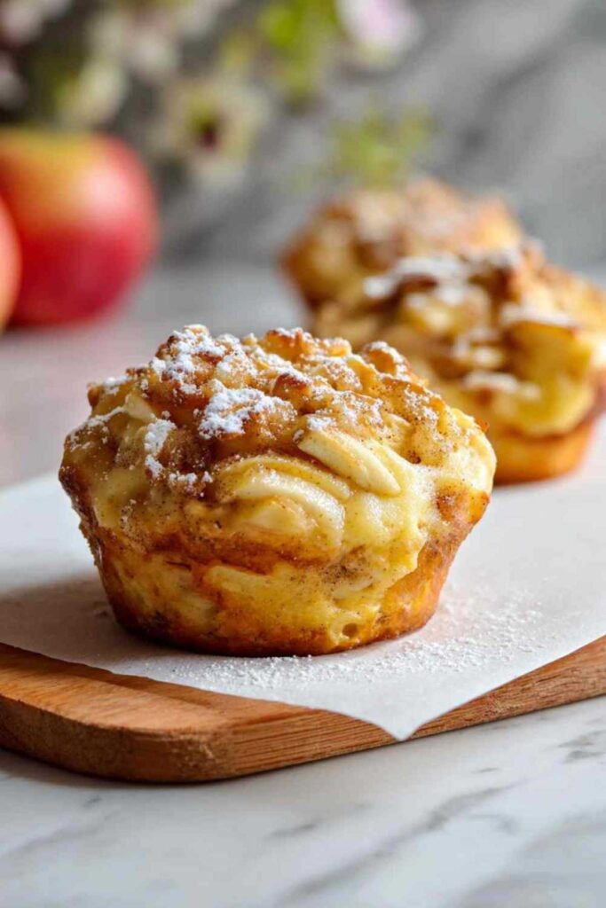 Aufgeschnittener Apfelstrudel Muffin zeigt saftige Apfel-Mandel-Füllung und knusprigen Strudelteig