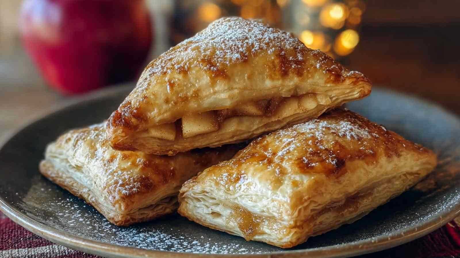 Goldbraune Apfeltaschen mit Blätterteig frisch aus dem Ofen auf Backpapier