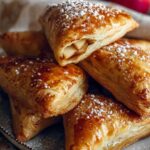 Goldbraune Apfeltaschen mit Blätterteig frisch aus dem Ofen auf Backpapier