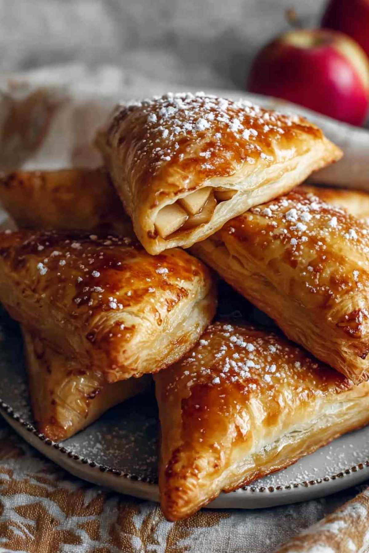 Goldbraune Apfeltaschen mit Blätterteig frisch aus dem Ofen auf Backpapier
