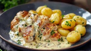 Asiago-Hühnchen mit Gnocchi in cremiger Käsesauce in schwarzer Pfanne serviert