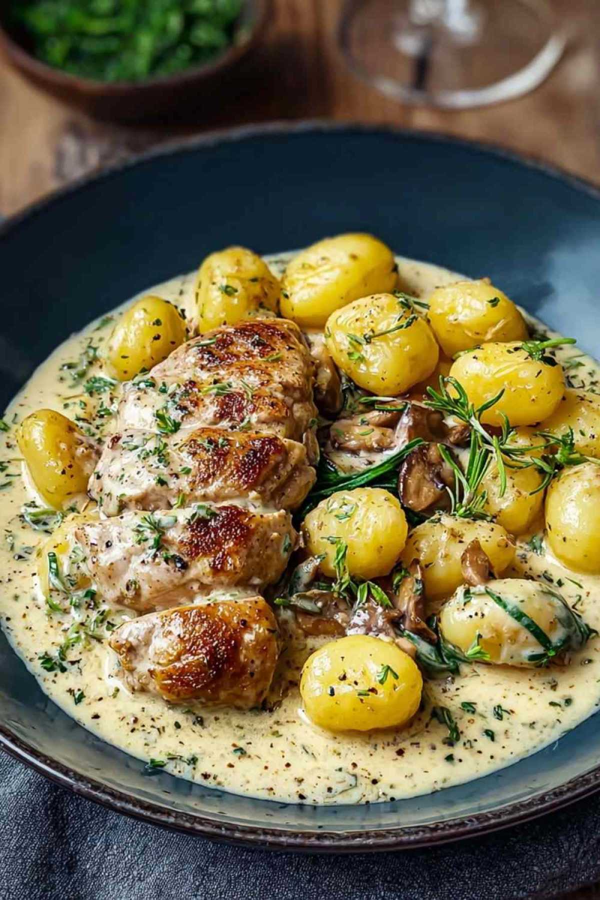 Asiago-Hühnchen mit Gnocchi in cremiger Käsesauce in schwarzer Pfanne serviert