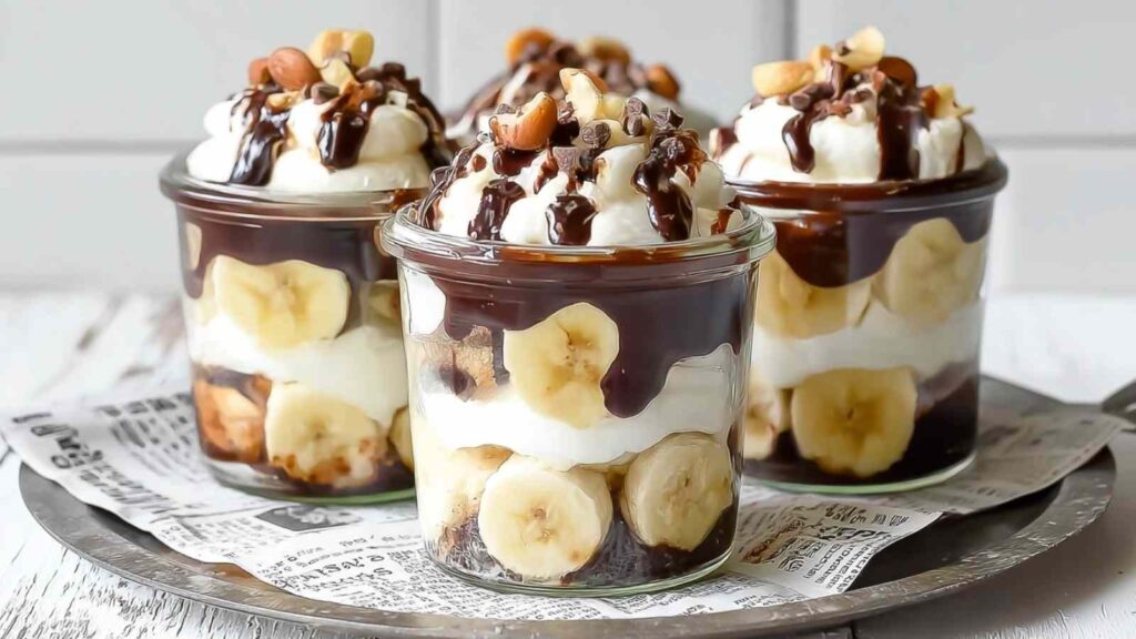 Banana Split Dessert geschichtet in Gläsern mit Bananen, Quarkcreme und Schokoraspeln