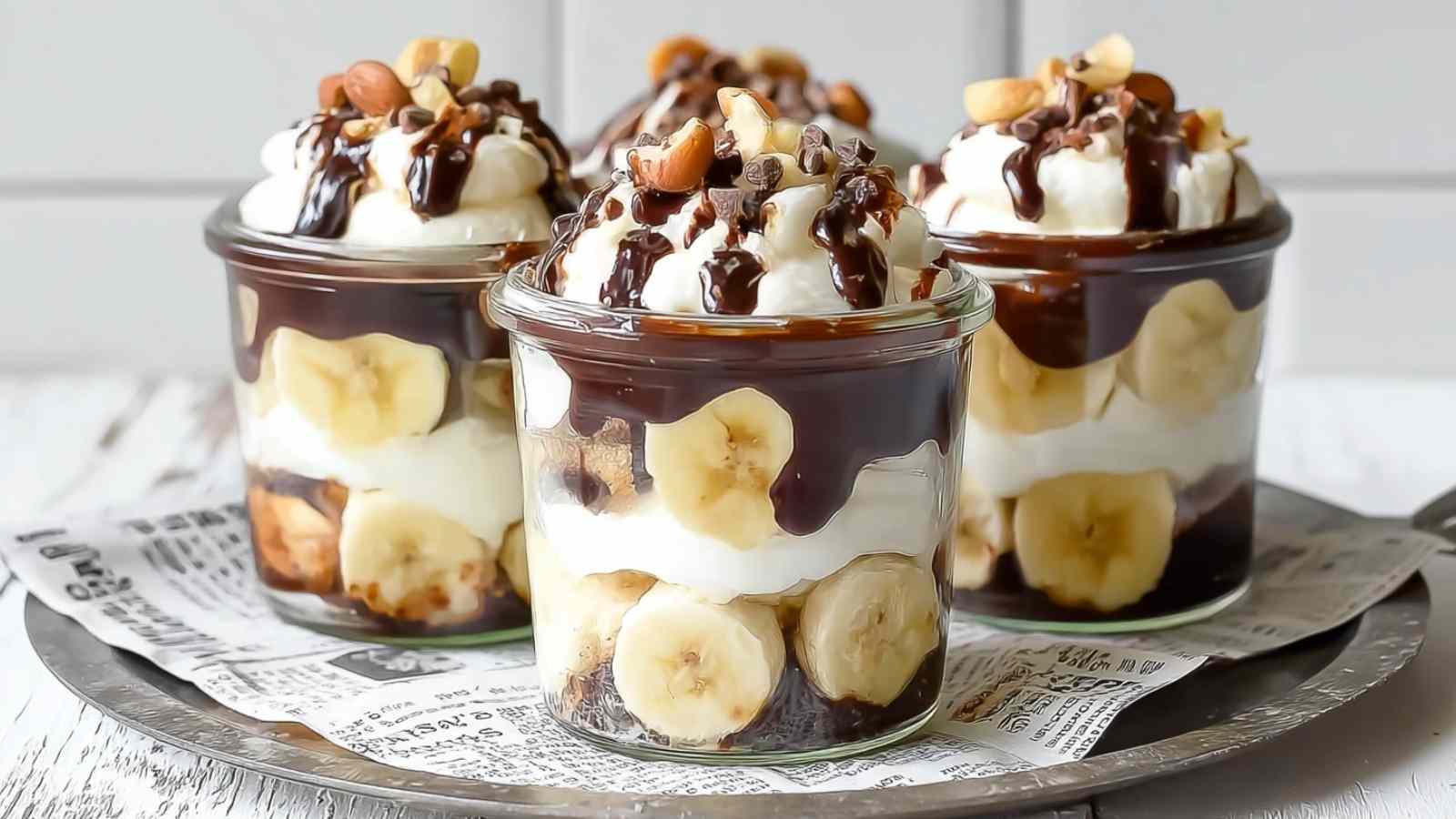 Banana Split Dessert geschichtet in Gläsern mit Bananen, Quarkcreme und Schokoraspeln