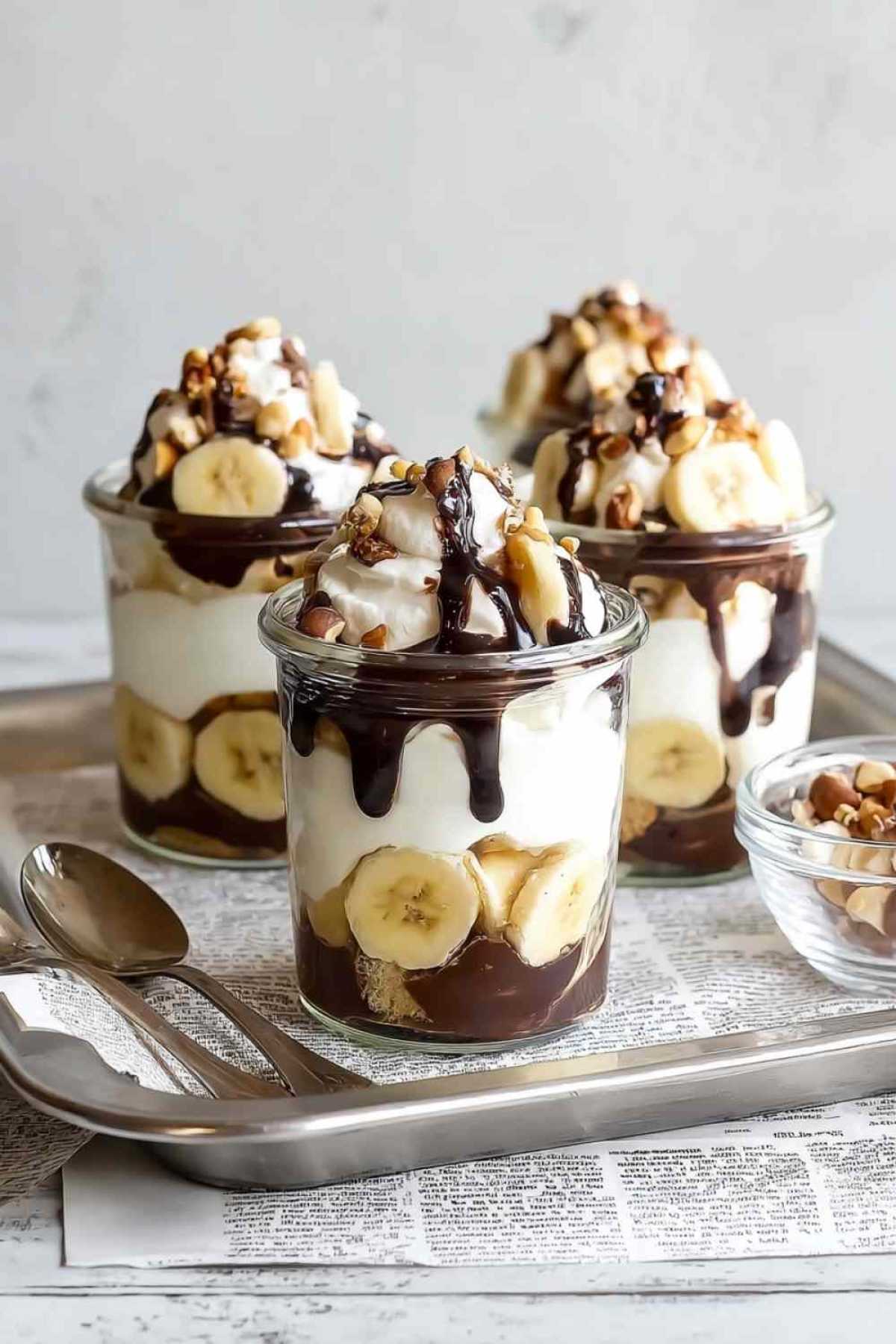 Banana Split Dessert geschichtet in Gläsern mit Bananen, Quarkcreme und Schokoraspeln