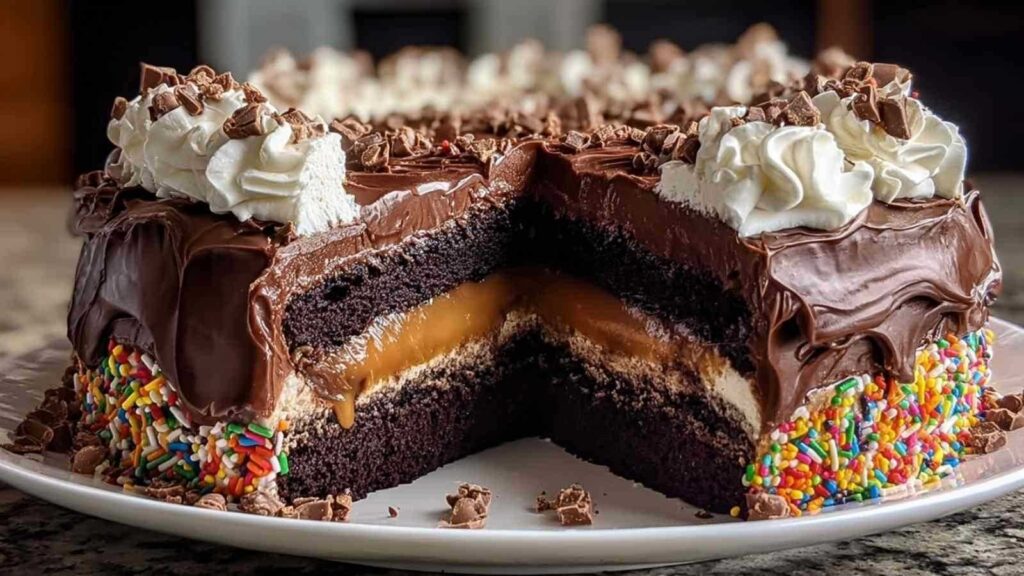 Frisch gebackener Besser als Alles Kuchen mit goldbrauner Oberfläche in rechteckiger Backform